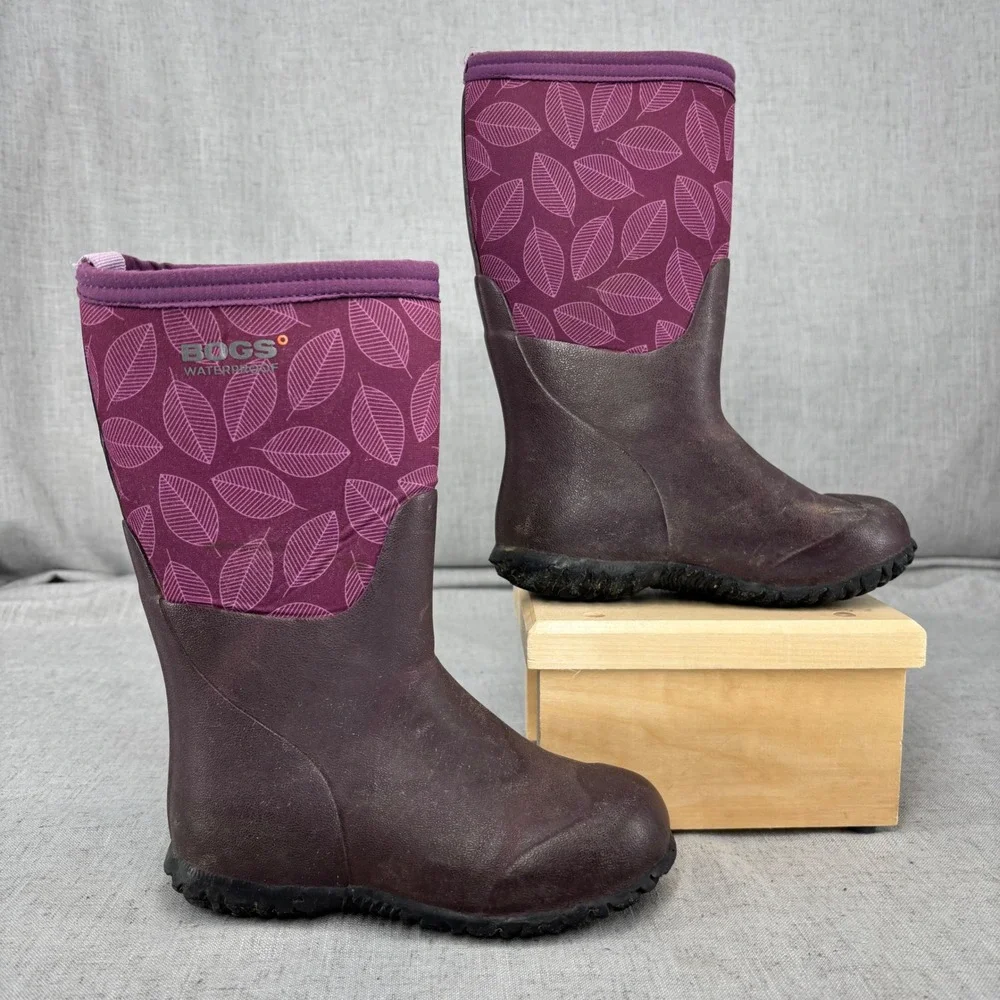 Bogs Kids Rain Boots‎ Purple Leaf Print Burgundy Waterproof Insulated Size 12